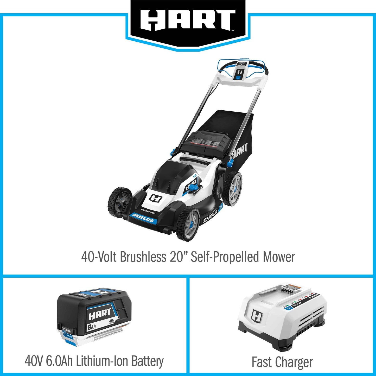 HART 40-Volt Cordless 20-inch Brushless Self Propelled Mower Kit, (1) 6.0 Ah Lithium-Ion Battery