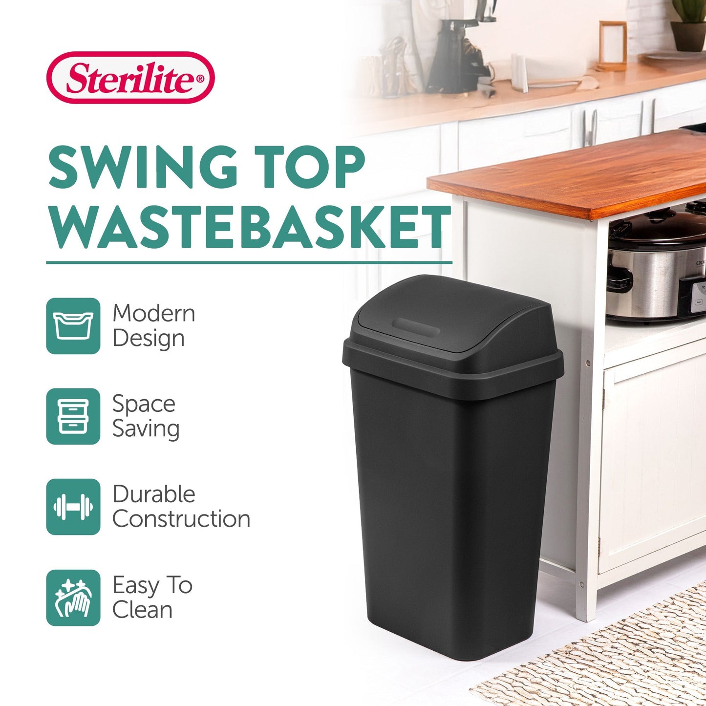 Sterilite 13 Gal Kitchen Swing Top Lidded Wastebasket Trash Can, Black (16 Pack)
