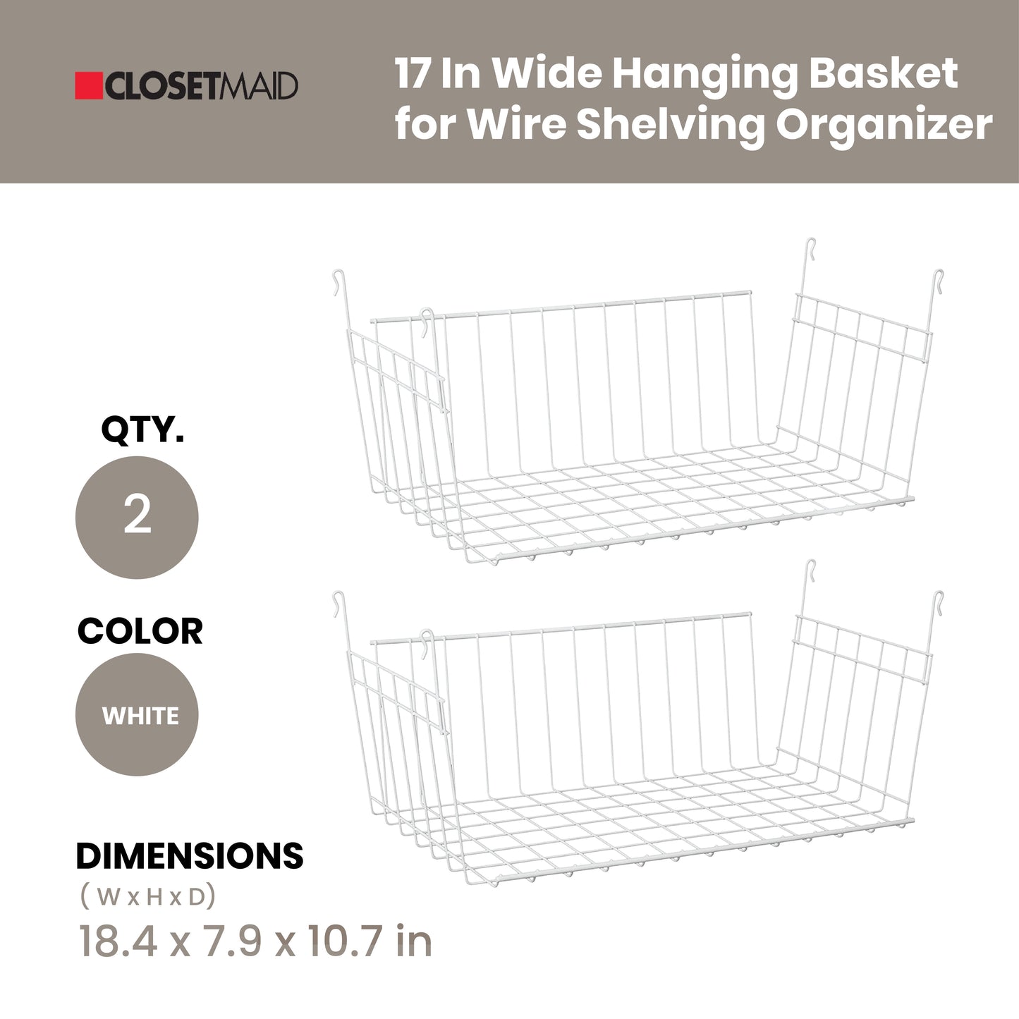 ClosetMaid 17 In Wide Hanging Basket for Wire Shelving Organizer, White (2 Pack)