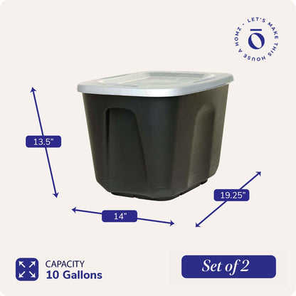 Homz 6610BKTS.10 10 Gallon Molded Plastic Storage Bin with Secure Lid (2 Pack)