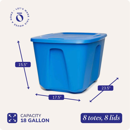 Homz 18 Gallon Standard Plastic Storage Container with Secure Lid, Blue, 8 Pack