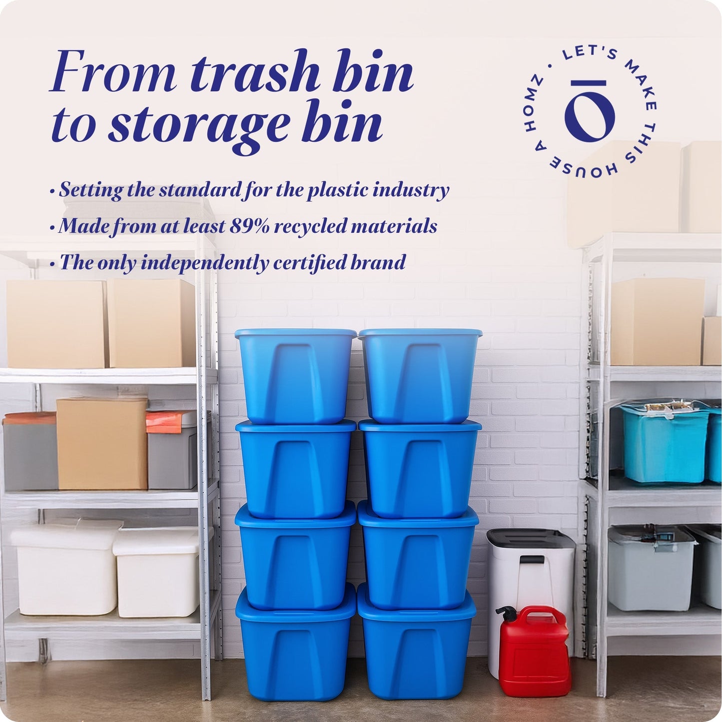 Homz 18 Gallon Standard Plastic Storage Container with Secure Lid, Blue, 8 Pack