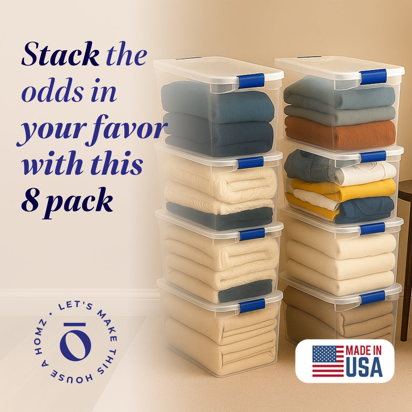 Homz 112 Quart Heavy Duty Clear Plastic Stackable Storage Containers, 8 Pack