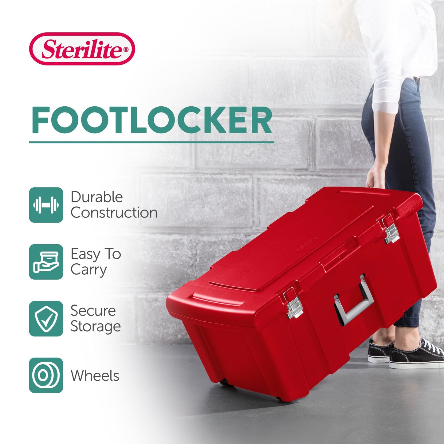 Sterilite Wheeled Footlocker, Plastic Utility Lockable Storage Container, Red