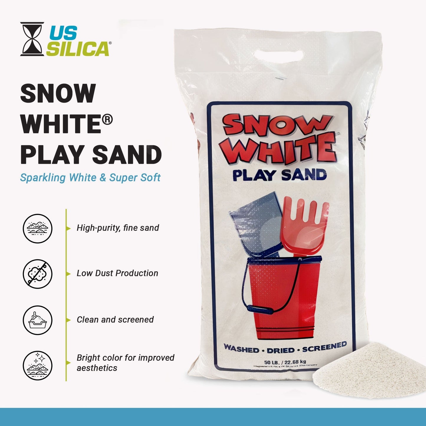 US Silica Snow White Comfortable Play Sand for Sand Tables, White, 50 Pound Bag