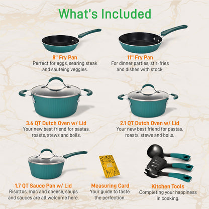 NutriChef 11 Piece Nonstick Elegant Lines Pattern Kitchen Cookware Set, Teal