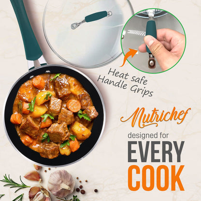 NutriChef 11 Piece Nonstick Elegant Lines Pattern Kitchen Cookware Set, Teal