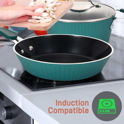 NutriChef 11 Piece Nonstick Elegant Lines Pattern Kitchen Cookware Set, Teal