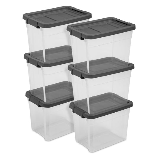 Sterilite 30 Qt Clear Plastic Stackable Storage Bin with Grey Latch Lid, 6 Pack