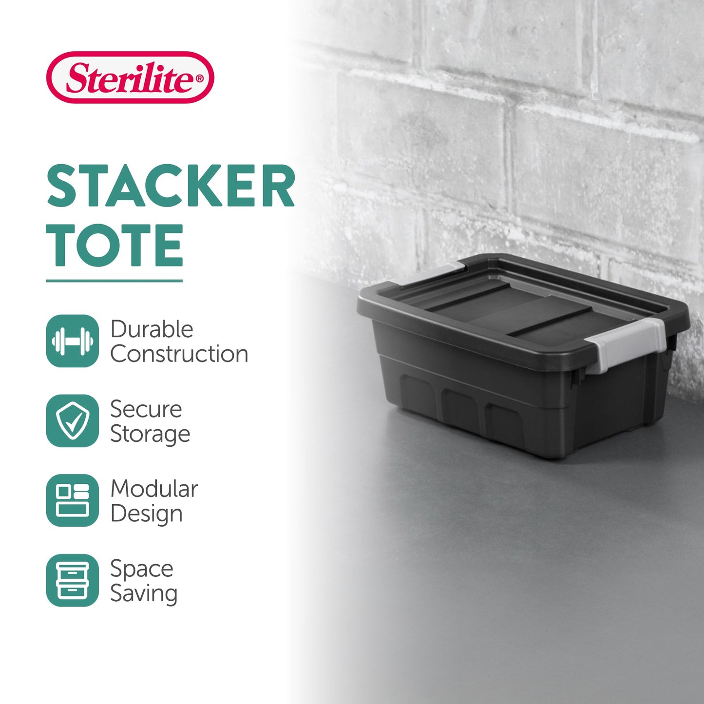 Sterilite 4 Gallon Industrial Storage Totes with Latch Clip Lids, 6 Pack, Black