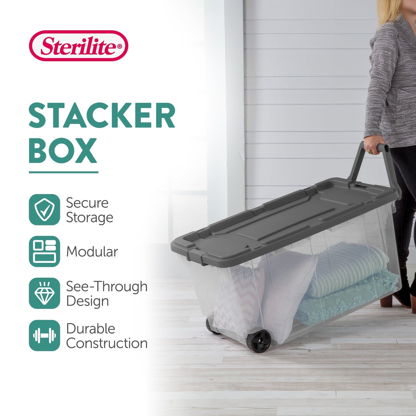 Sterilite 160 Qt Latching Stackable Wheeled Storage Box Container w/ Lid, 8 Pack