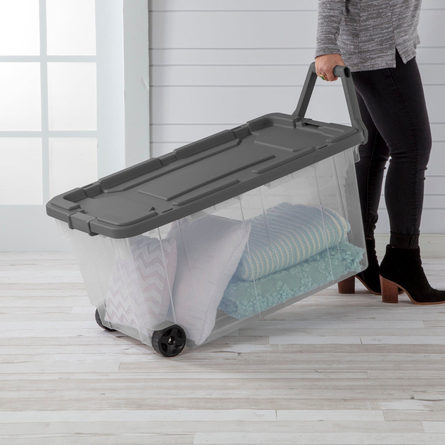 Sterilite 160 Qt Latching Stackable Wheeled Storage Box Container w/ Lid, 8 Pack