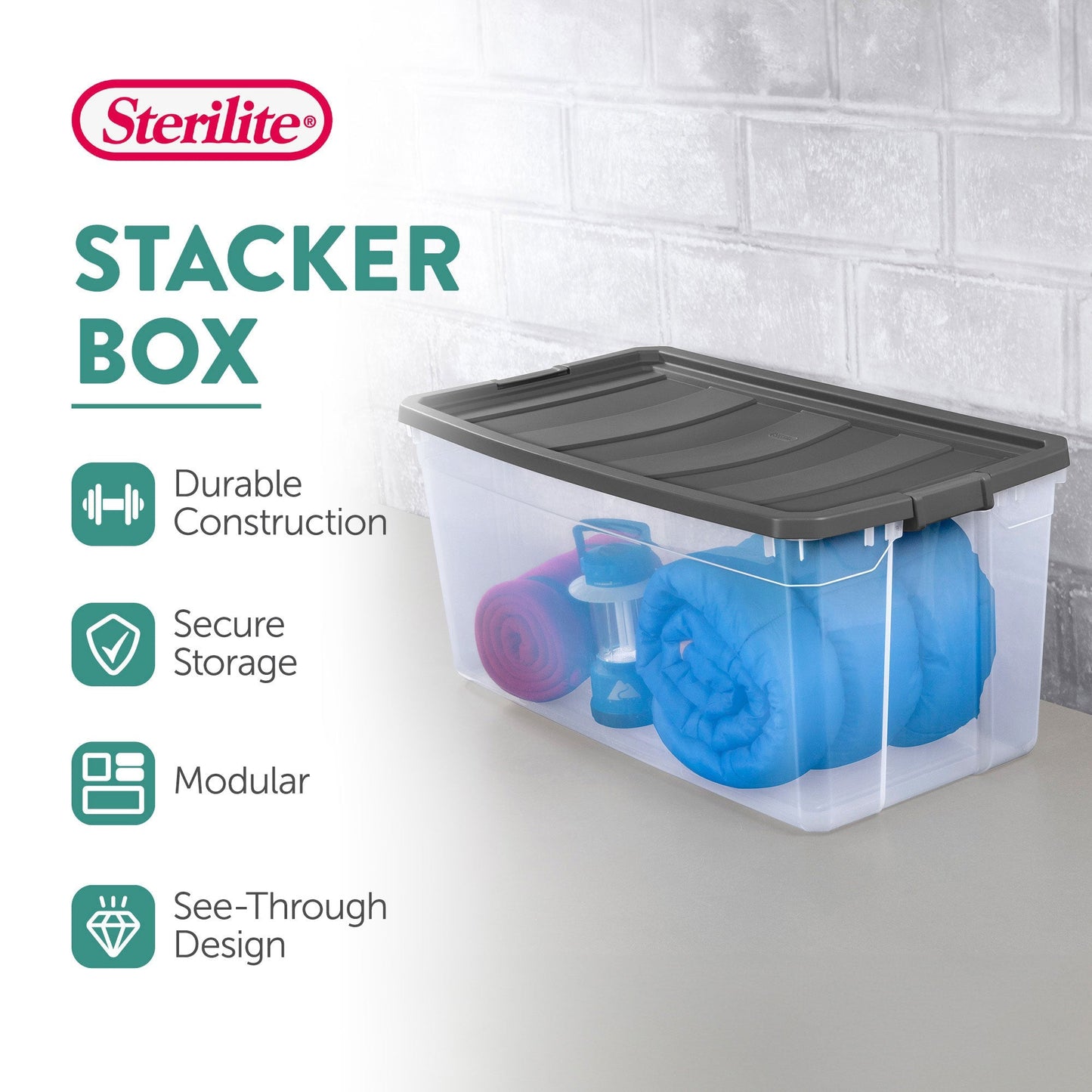 Sterilite 200 Qt Clear Stackable Latching Storage Box Container, Grey, 12 Pack