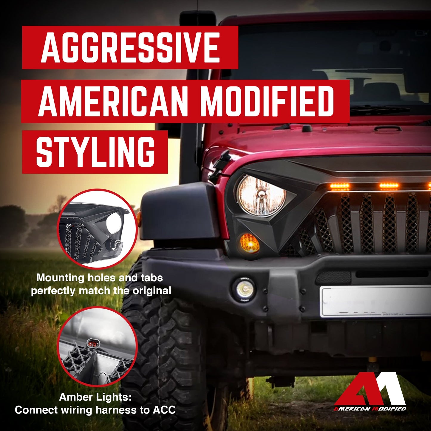 AMERICAN MODIFIED Front Goliath Grill Compatible w/ 2007-18 Jeep Wrangler JK - Find Fresh Goods