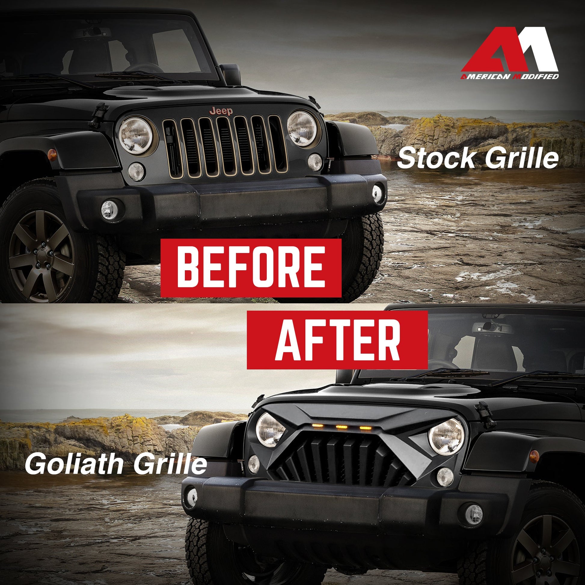 AMERICAN MODIFIED Front Goliath Grill Compatible w/ 2007-18 Jeep Wrangler JK - Find Fresh Goods