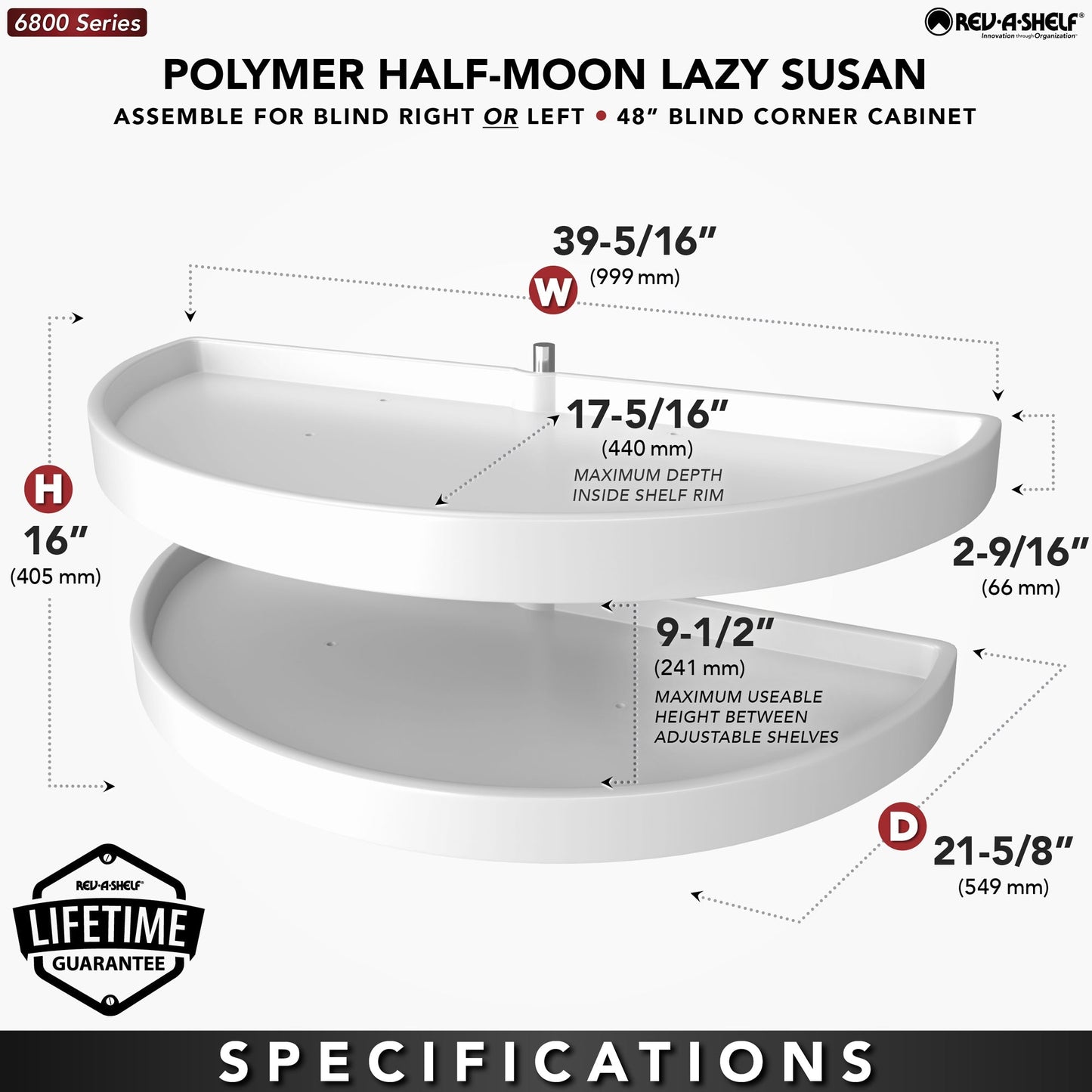 Rev-A-Shelf 39" Lazy Susan Half-Moon Polymer Two-Tier Blind Cabinet 6882-39-11-570
