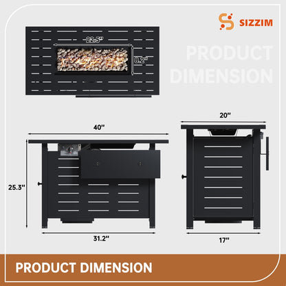JolyDale 40" Propane Fire Pit Table, 50,000 BTU Auto Ignition Steel Gas Fire Pit with Removable Lid & Waterproof Cover for Patio, Backyard, Black