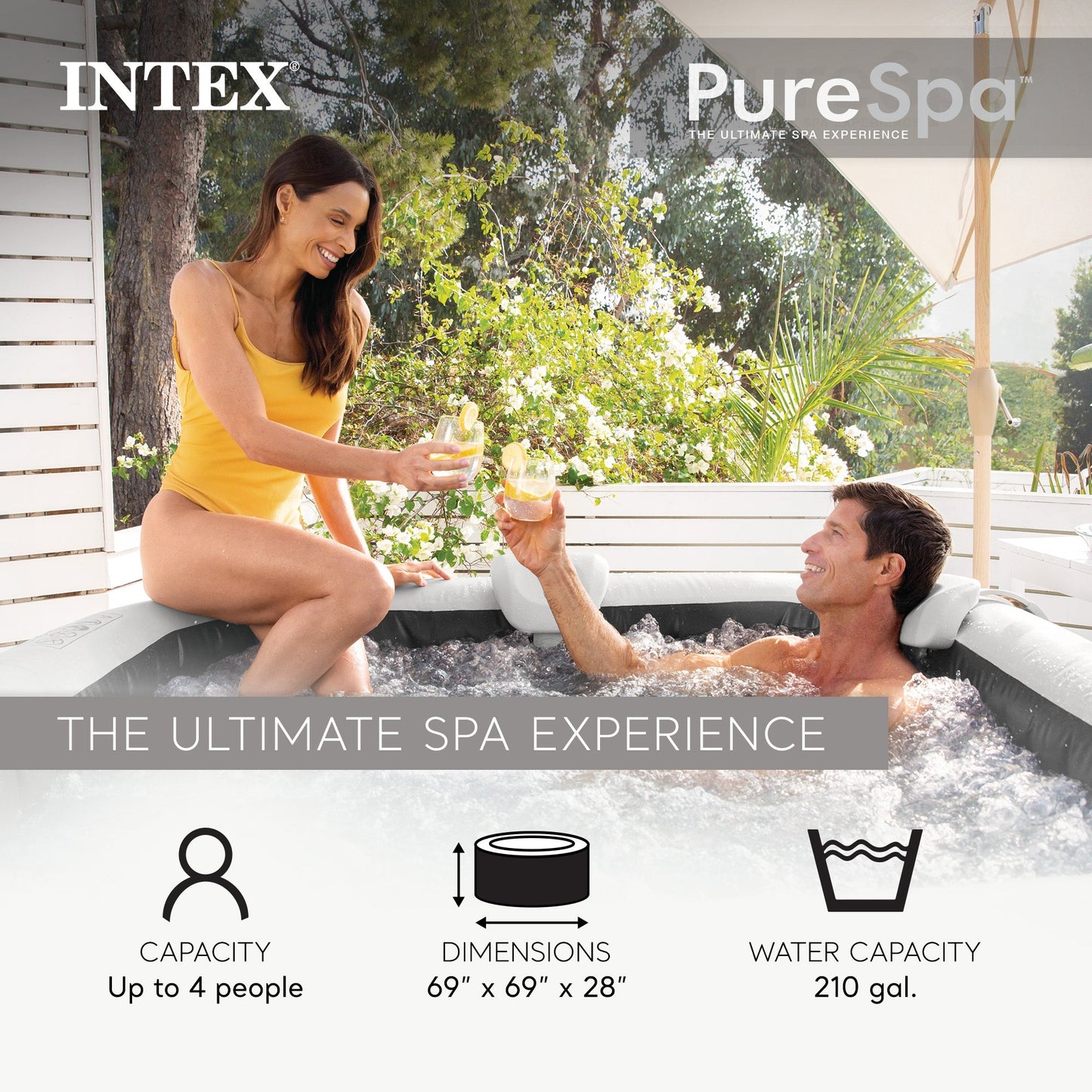 Intex PureSpa Greystone Deluxe 4 Person Inflatable Hot Tub Square Spa, 69" x 28"