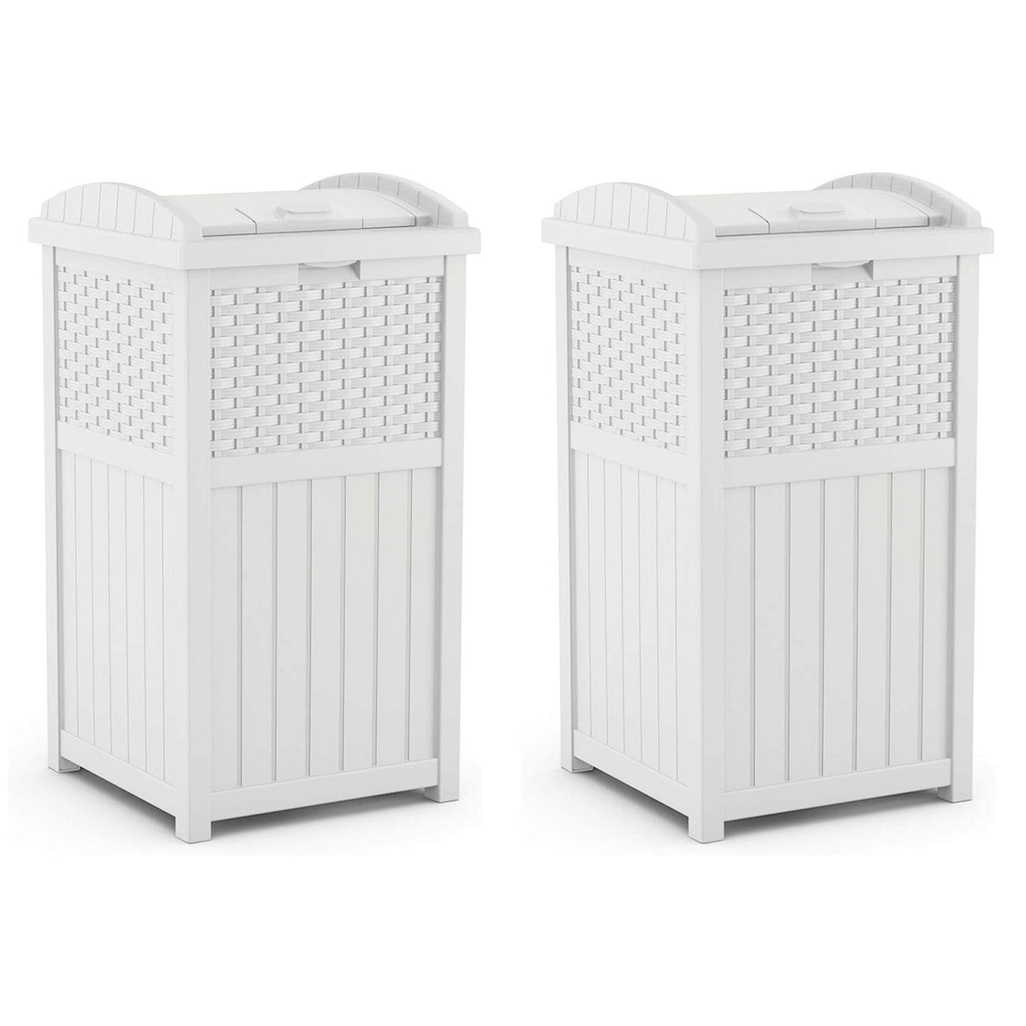 Suncast Wicker Resin Outdoor Hideaway Trash Can Bin with Latching Lid (2 Pack)