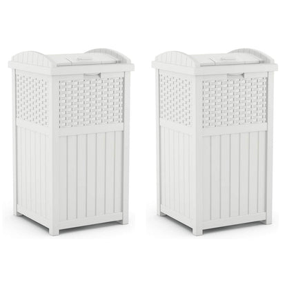 Suncast Wicker Resin Outdoor Hideaway Trash Can Bin with Latching Lid (2 Pack)