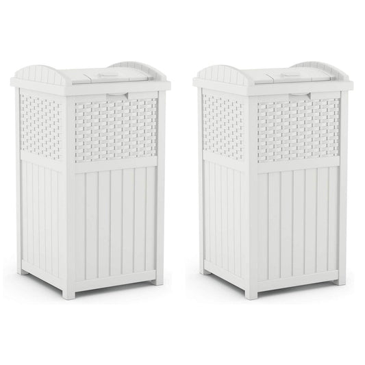 Suncast Wicker Resin Outdoor Hideaway Trash Can Bin with Latching Lid (2 Pack)