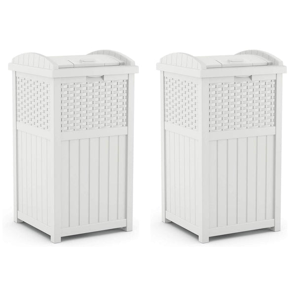 Suncast Wicker Resin Outdoor Hideaway Trash Can Bin with Latching Lid (2 Pack)