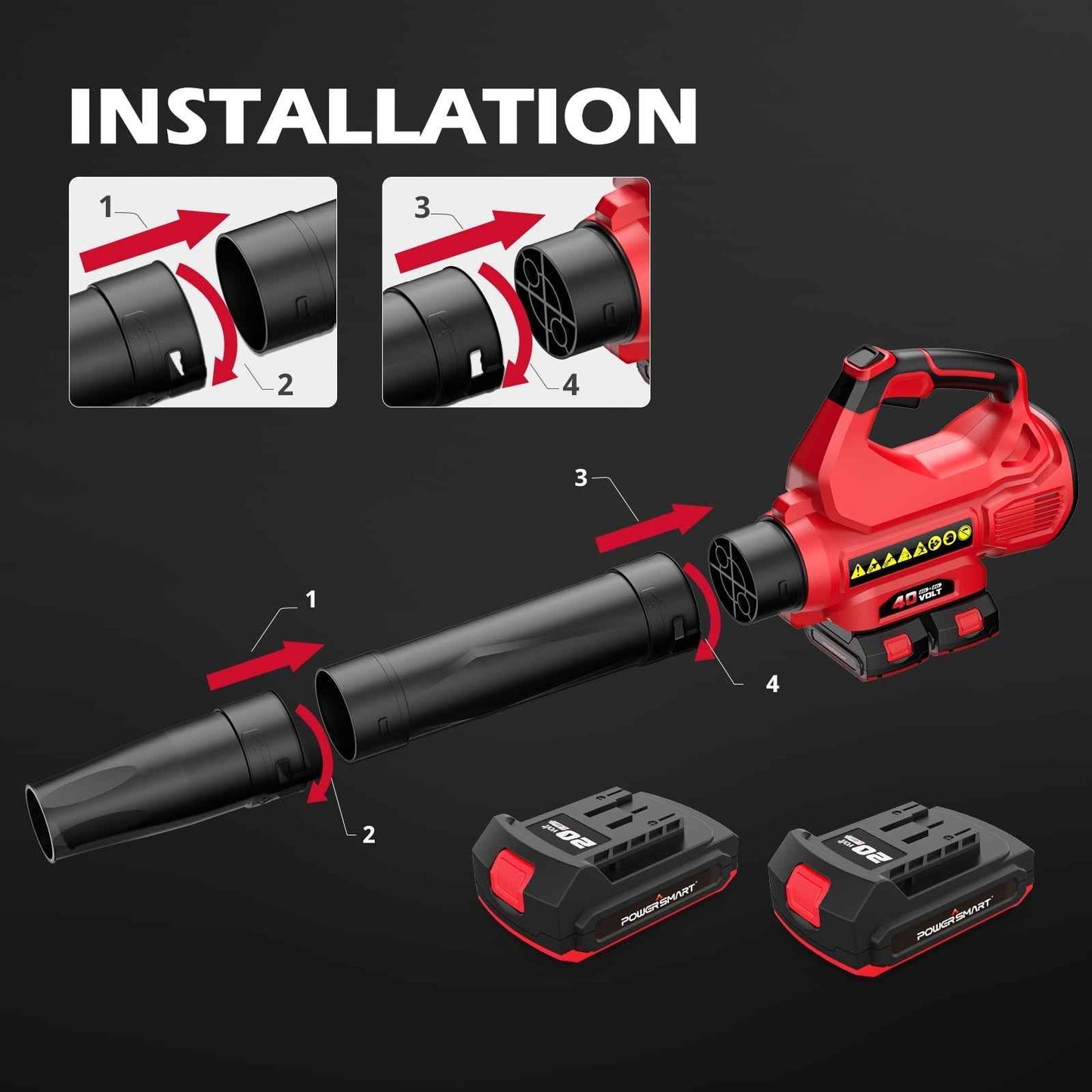 PowerSmart 40V Cordless Leaf Blower, 450 CFM 130 mph, Includes 2 x 2.0Ah Batteries & Chargers