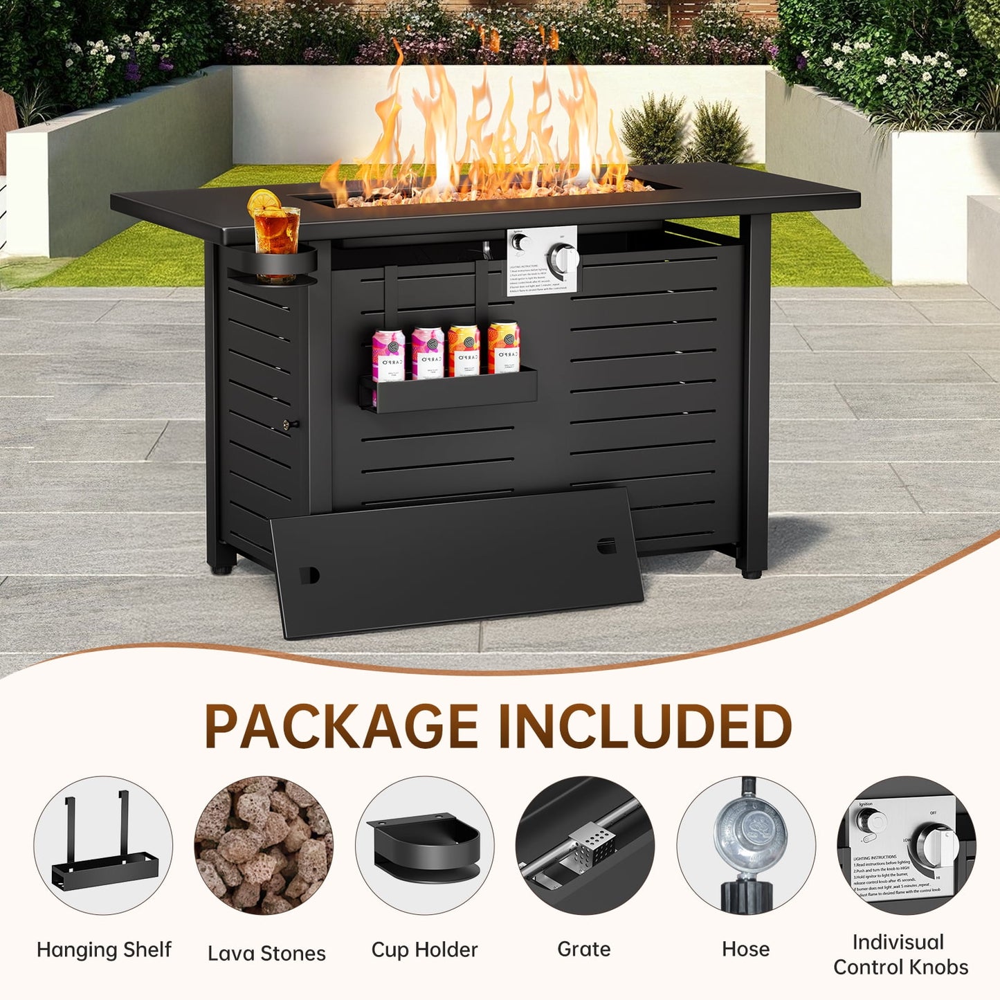 KingChii 45 inch Propane Fire Pit with Lid, Lava Stone, 60,000 BTU Steel Gas Fire Pit Table for Outdoor, Garden, Patio and Backyard, Black