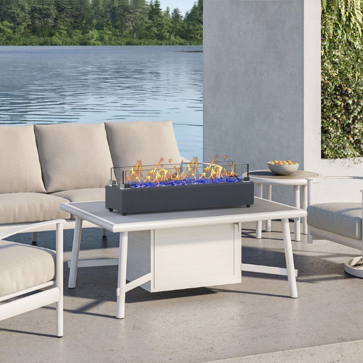 28-inch Table Top Gas Fire Pit, 40,000 BTU Tabletop Propane Fire Pit Portable Fireplace for Patio, Outdoor w/Wind Glass Shield, Glass Rocks, Carbon Gray