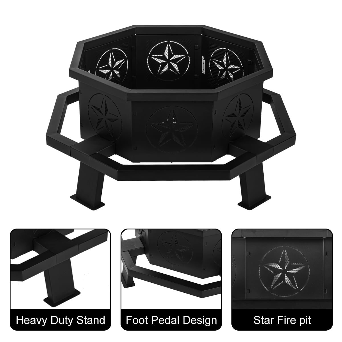 MistMo Octagon Wood Fire Pit, 35" Metal Outdoor Firepit for Patio Party Black