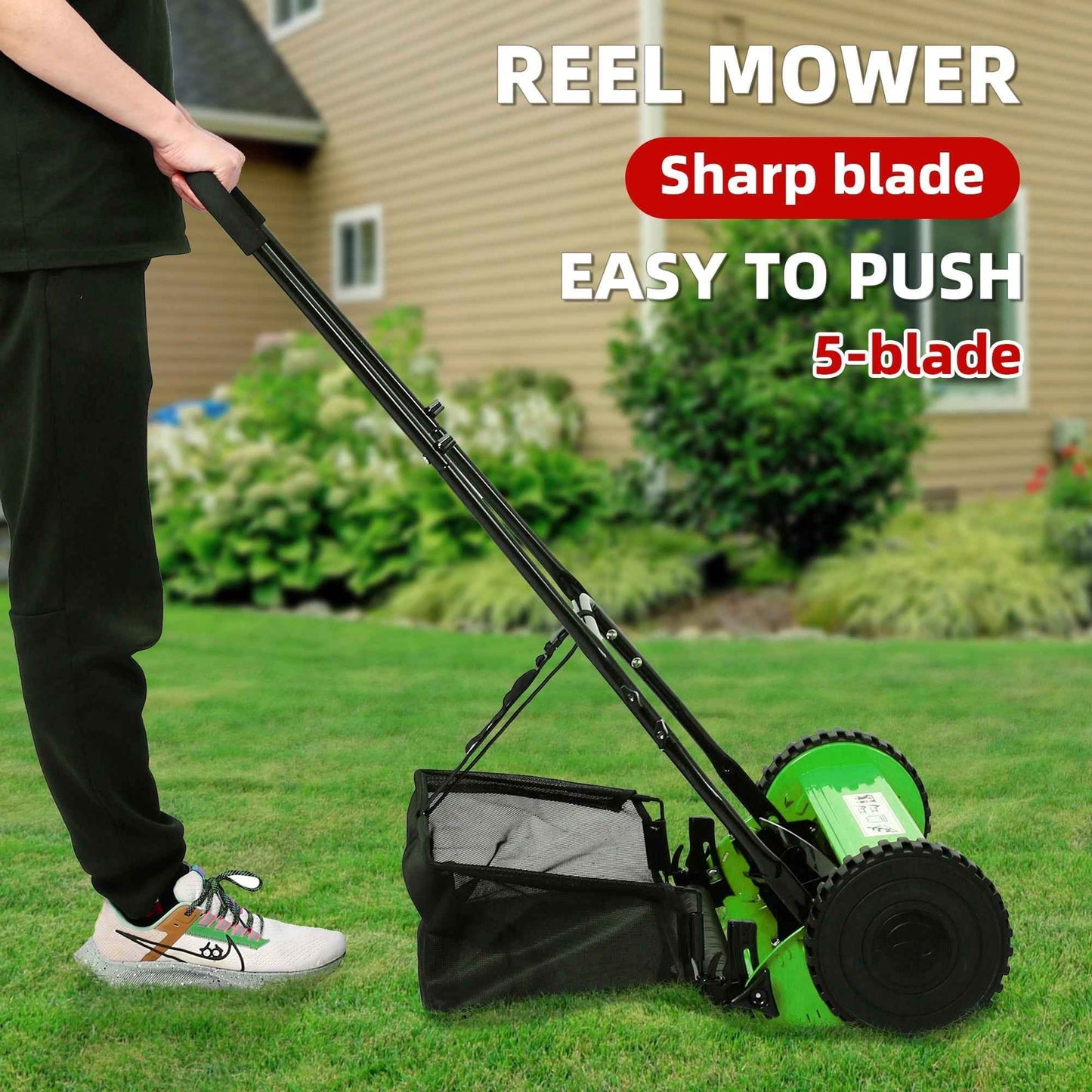 CASEMIOL 14" 5-Blade Manual Push Reel Lawn Mower with Grass Catche, Green