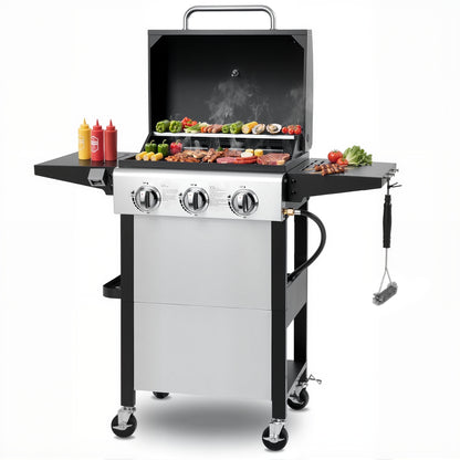 Enyopro 3-Burner Propane Gas Grill, 30000 BTU BBQ Grill with Foldable Side Table, Stainless Steel Warming Rack, Hooks, and Built-In Bottle Opener for Outdoor Barbecue