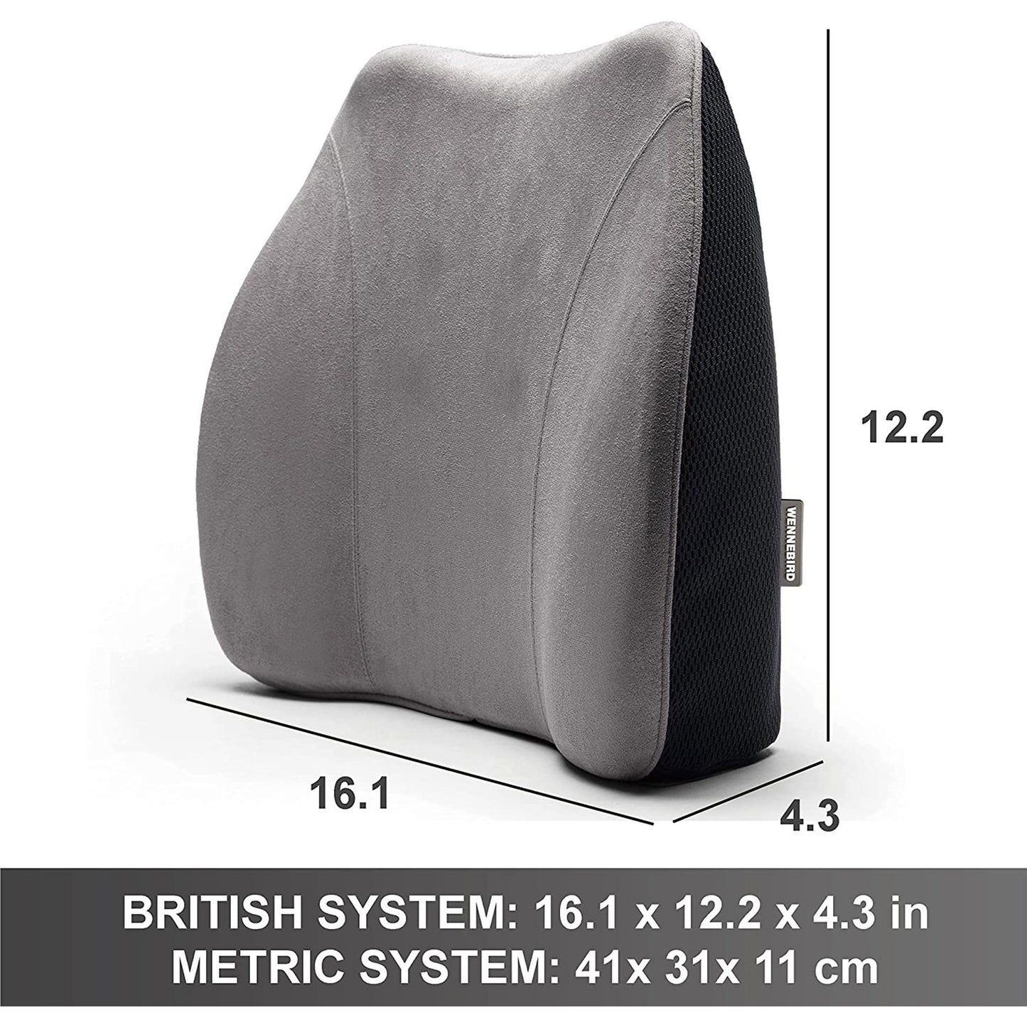 WENNEBIRD Model Q Lumbar Memory Foam Support Pillow to Improve Posture, Grey