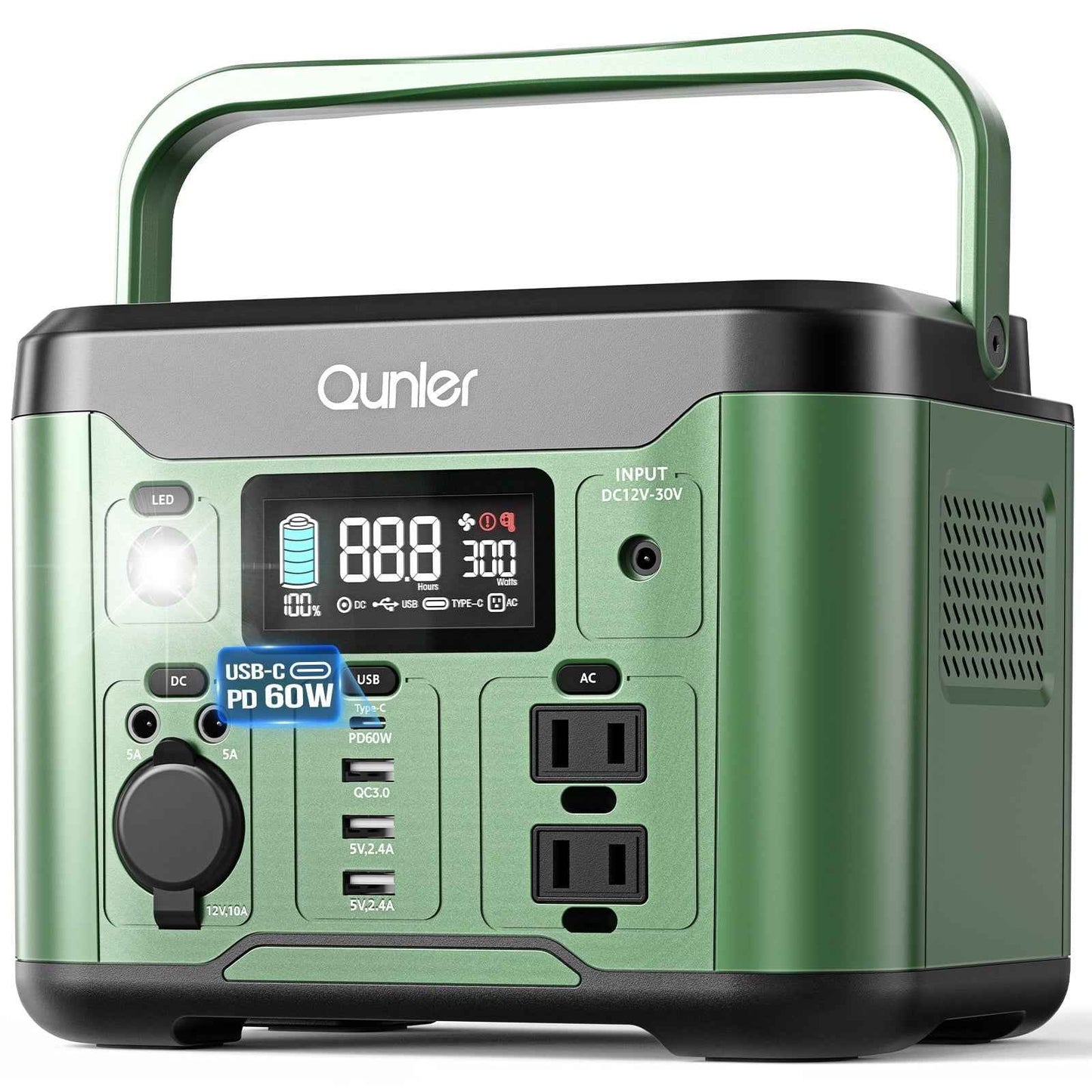 Qunler 300W Portable Power Station 296Wh 80000mAh with 60W PD In/Output Fast Charging, 120V AC Outlets Outdoor Solar Generator for Camping, RV, Home Backup, Emergency Power, Green No Solar Panel