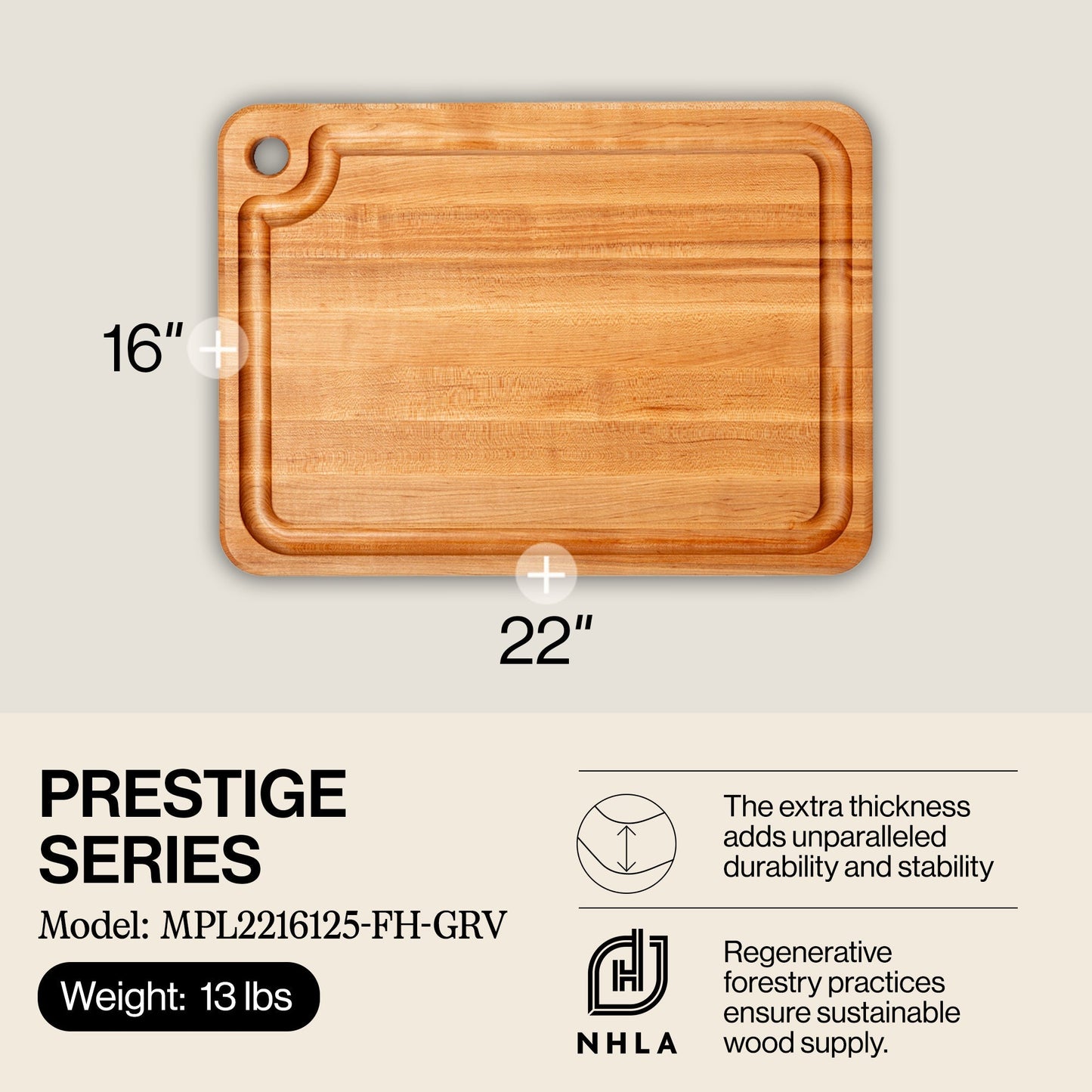 John Boos Prestige Maple Wood Edge Grain Kitchen Cutting Board,22" x 16" x 1.25"