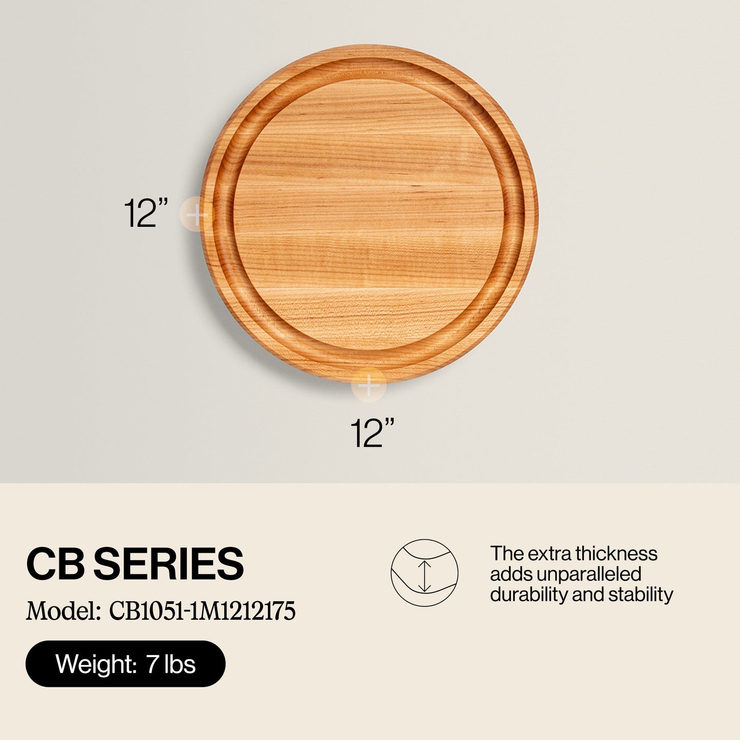 John Boos Round Maple Wood Cutting Board with Juice Groove, 12" x 12" x 1.75"