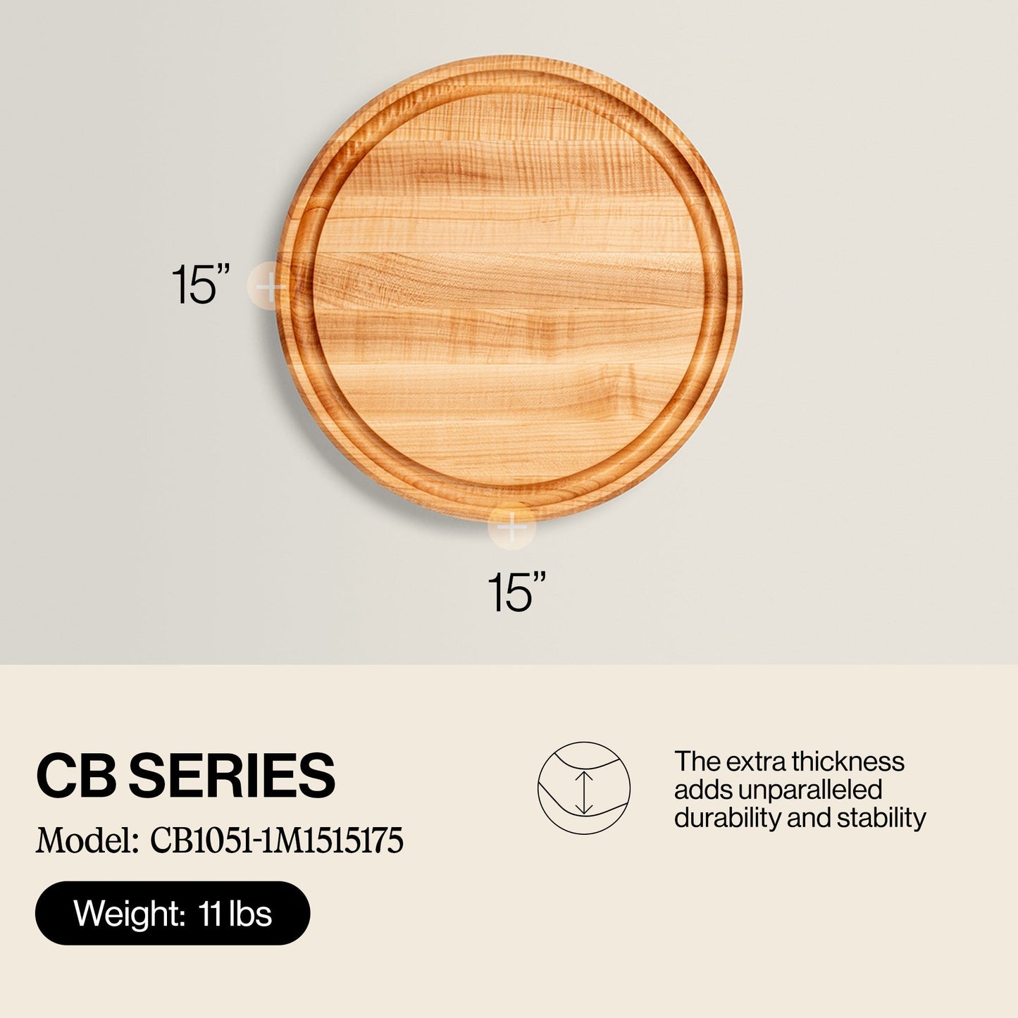 John Boos Round Maple Wood Cutting Board with Juice Groove, 15" x 15" x 1.75"