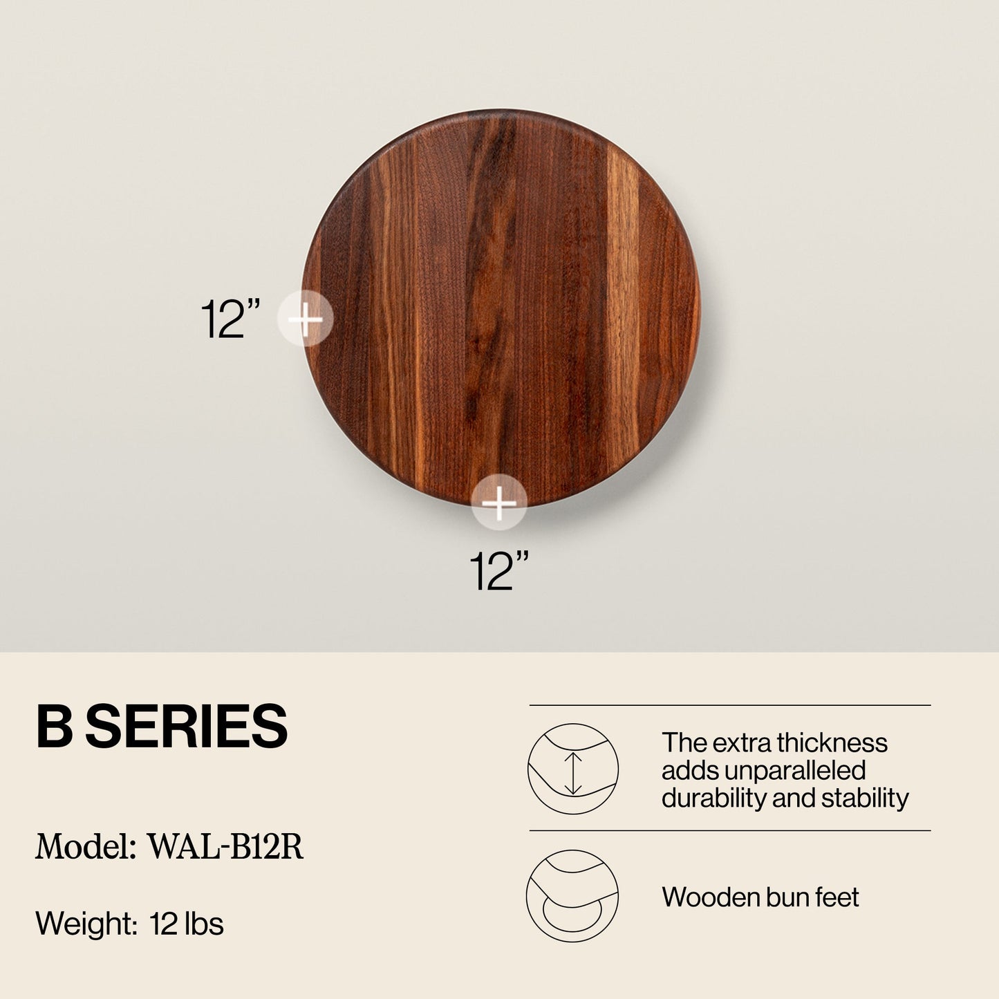 John Boos Walnut Wood Edge Grain Round Cutting Board for Kitchen, 12" x 1.5"