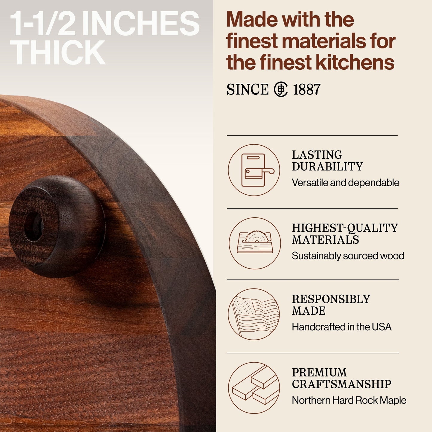 John Boos Walnut Wood Edge Grain Round Cutting Board for Kitchen, 12" x 1.5"