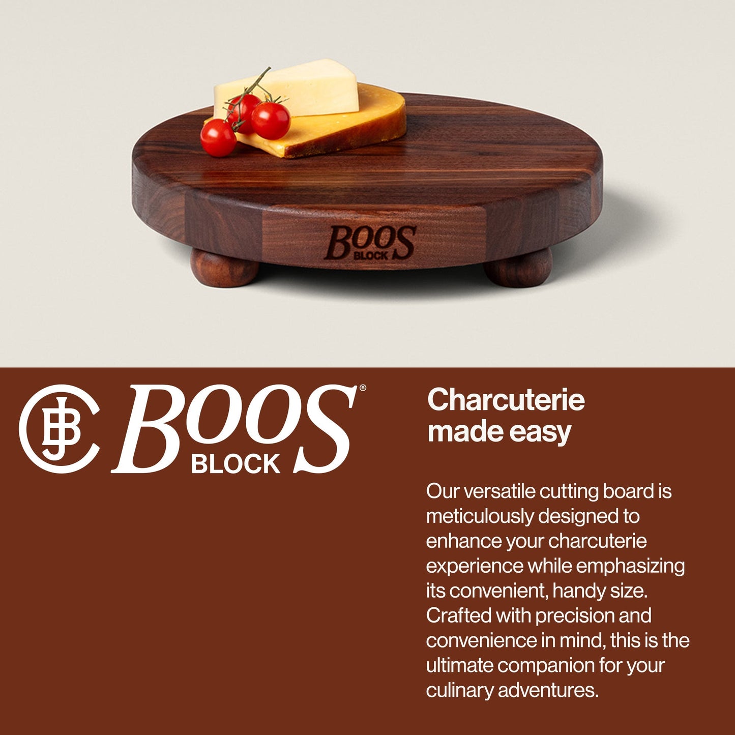 John Boos Walnut Wood Edge Grain Round Cutting Board for Kitchen, 12" x 1.5"