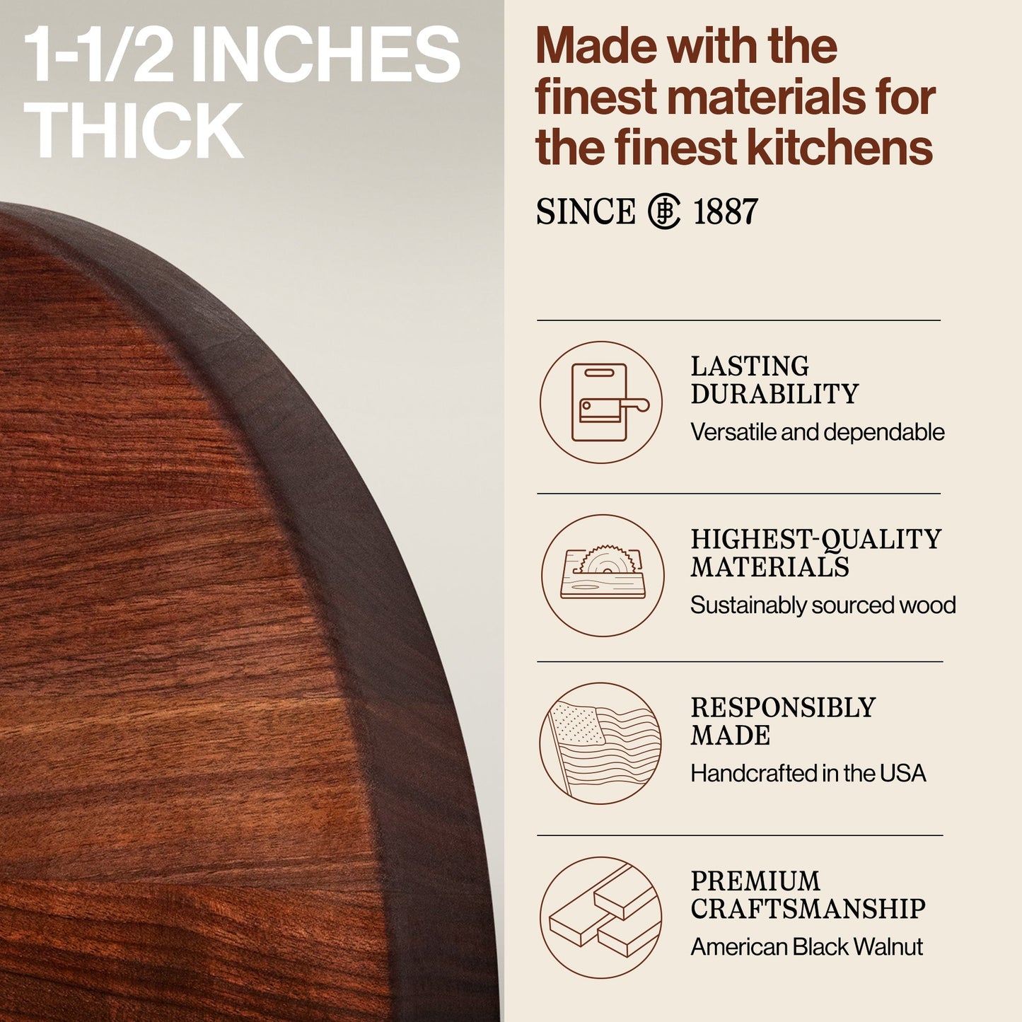 John Boos Walnut Wood End Grain Round Cutting Board for Kitchen,18" x 18" x 1.5"