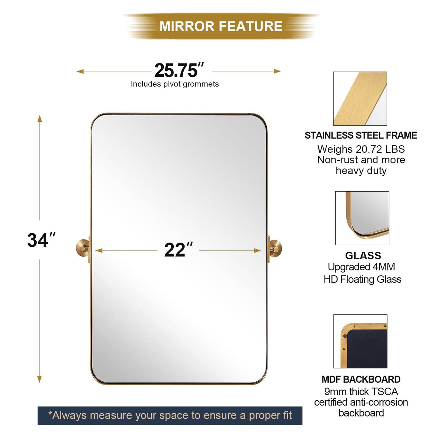 ANDY STAR Modern 22x34" Rectangular Wall Hanging Bathroom Mirror, Brushed Gold