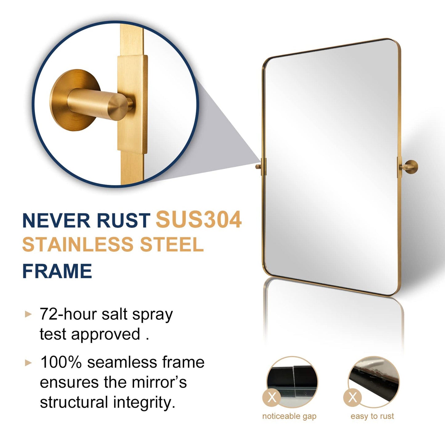 ANDY STAR Modern 22x34" Rectangular Wall Hanging Bathroom Mirror, Brushed Gold