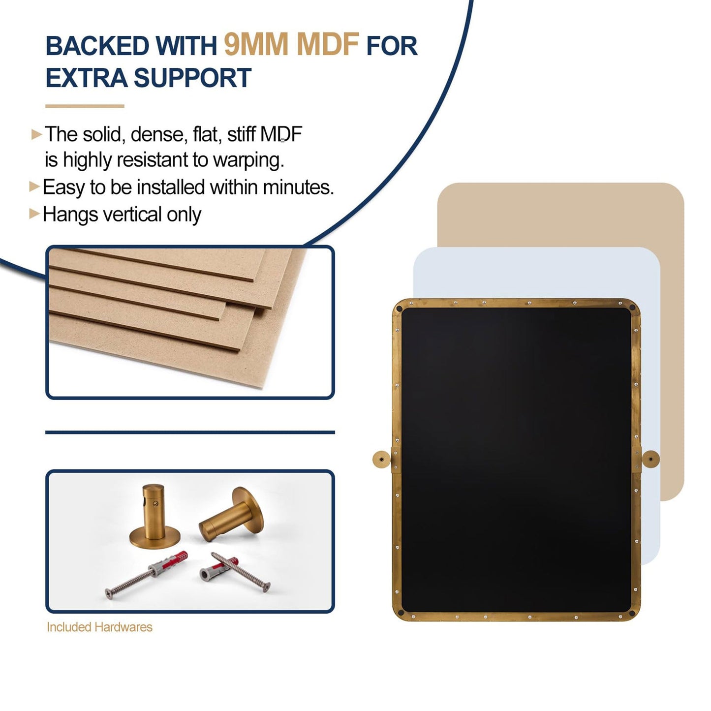 ANDY STAR Modern 22x34" Rectangular Wall Hanging Bathroom Mirror, Brushed Gold