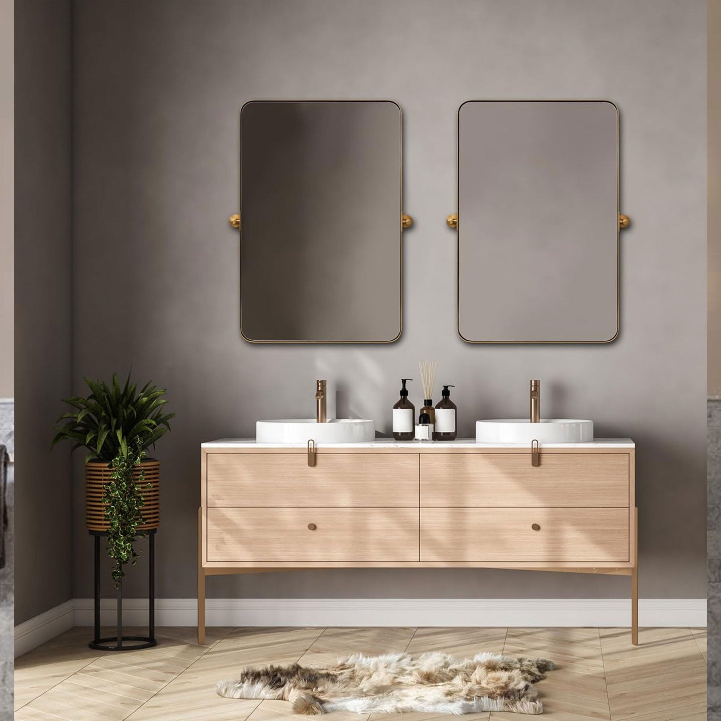ANDY STAR Modern 22x34" Rectangular Wall Hanging Bathroom Mirror, Brushed Gold