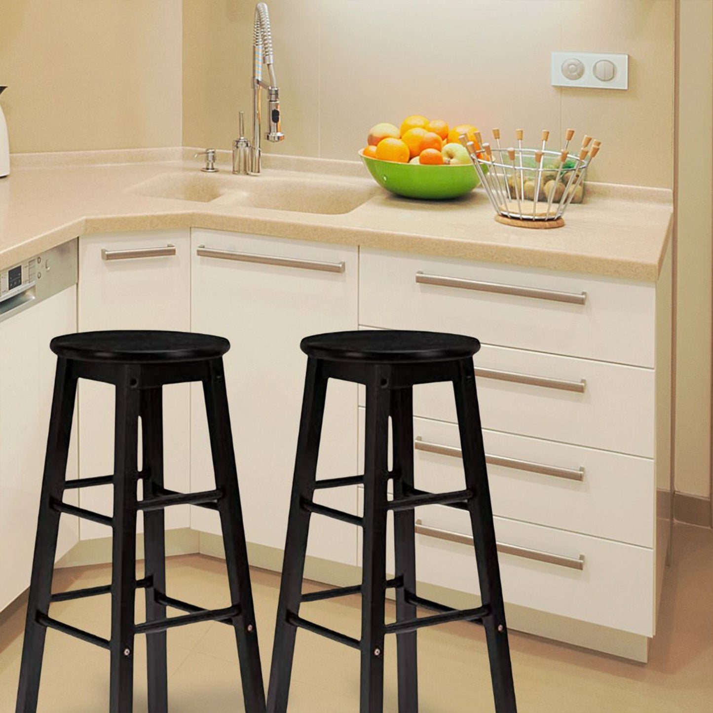 PJ Wood Classic Round-Seat 24 Inch Kitchen and Counter Stools, Black, Set of 2