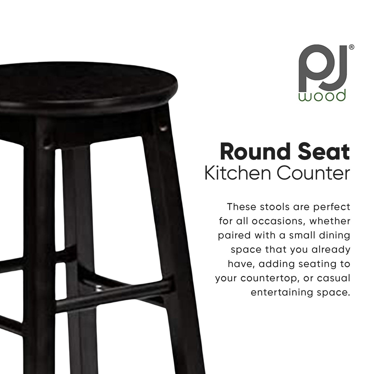 PJ Wood Classic Round-Seat 29 Inch Tall Kitchen Counter Stools, Black, Set of 2