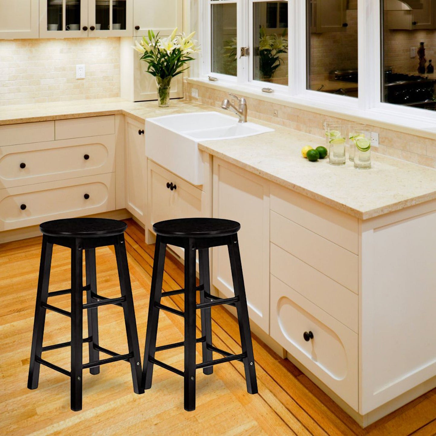 PJ Wood Classic Round-Seat 29 Inch Tall Kitchen Counter Stools, Black, Set of 2