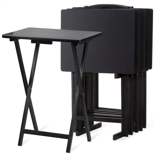 PJ Wood Folding TV Tray Tables with Compact Storage Rack, Black, 5 Piece Set