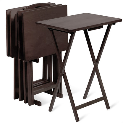 PJ Wood Folding TV Tray Tables with Compact Storage Rack, Espresso, 5 Piece Set